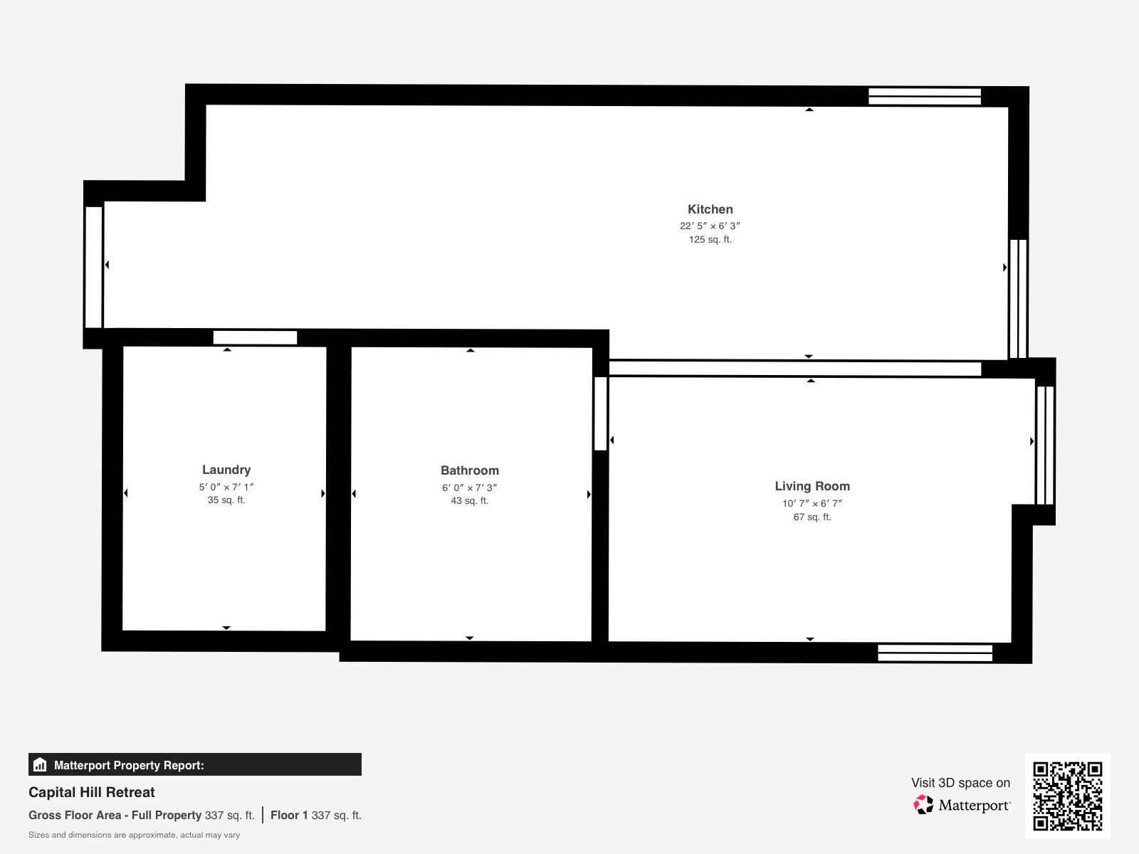 Floor plan for Capitol Hill Retreat showing kitchen, living room, bathroom, and laundry